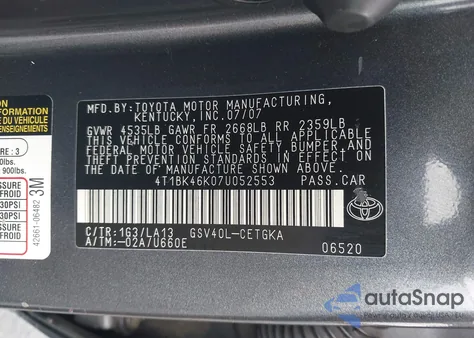 2007 Toyota Camry Xle V6 z USA, uszkodzony, nr VIN 4T1BK46K07U052553